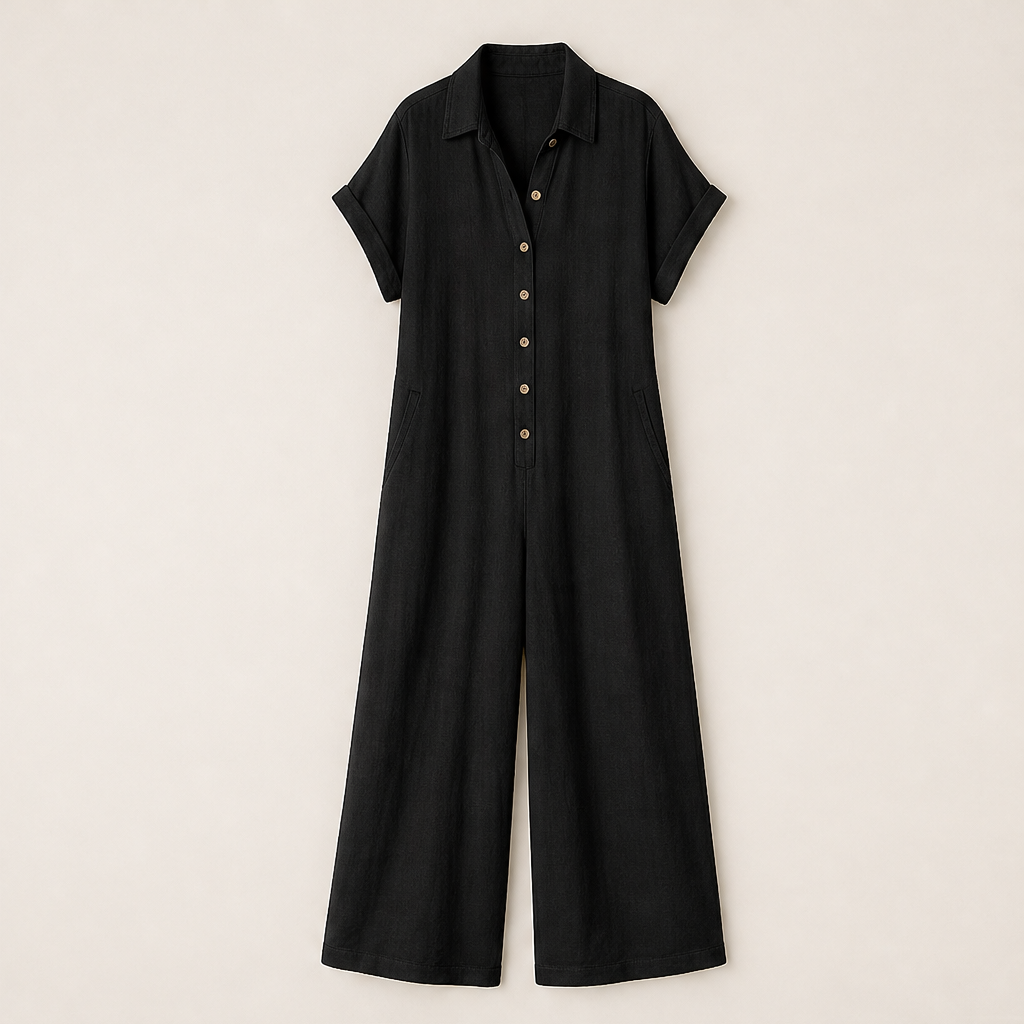 Marielle Women's Casual Wide-Leg Button-Front Linen-Look Jumpsuit - Short Sleeve Collared Loose Fit Jumpsuit Black
