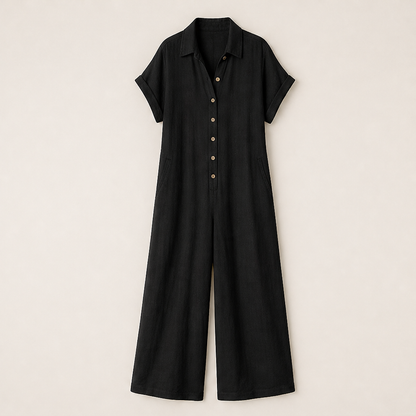 Marielle Women's Casual Wide-Leg Button-Front Linen-Look Jumpsuit - Short Sleeve Collared Loose Fit Jumpsuit Black