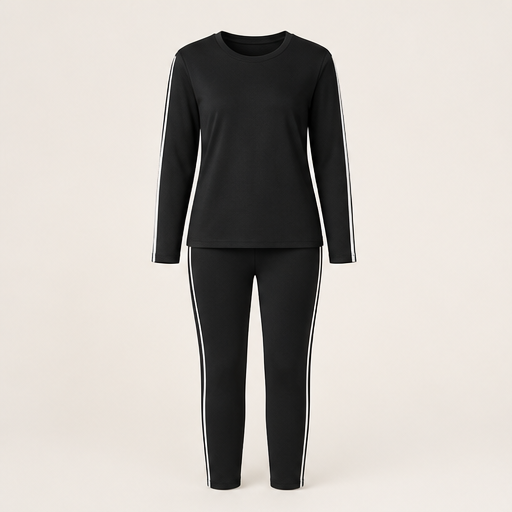 Black Two Piece Loungewear Set | Casual Long Sleeve Top & Leggings - Side Stripe Tracksuit Black