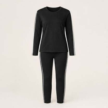 Black Two Piece Loungewear Set | Casual Long Sleeve Top & Leggings - Side Stripe Tracksuit Black