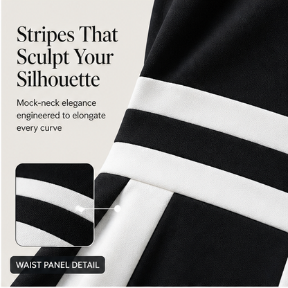 Black White Striped Maxi Dress | Mock Neck Formal Gown - Short Sleeve Colour Block Evening Dress features