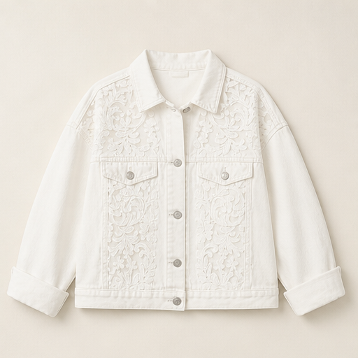 Light Wash Floral Lace Denim Jacket | Loose Fit Patchwork Trucker - Women's Cotton Blend Outerwear White