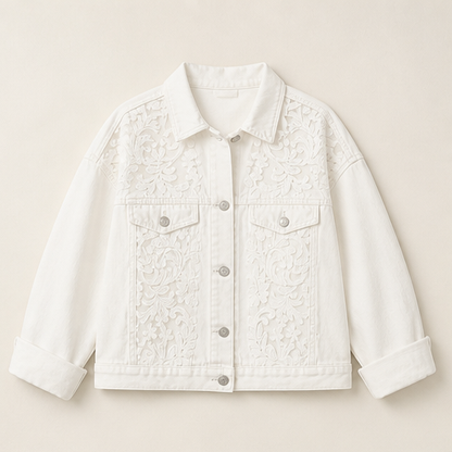 Light Wash Floral Lace Denim Jacket | Loose Fit Patchwork Trucker - Women's Cotton Blend Outerwear White