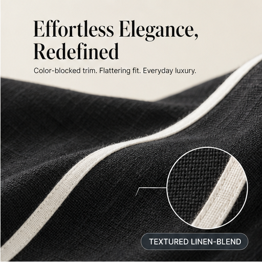 Black Colour Block Maxi Dress | V Neck Stand Collar Linen-Blend - Three Quarter Sleeve features