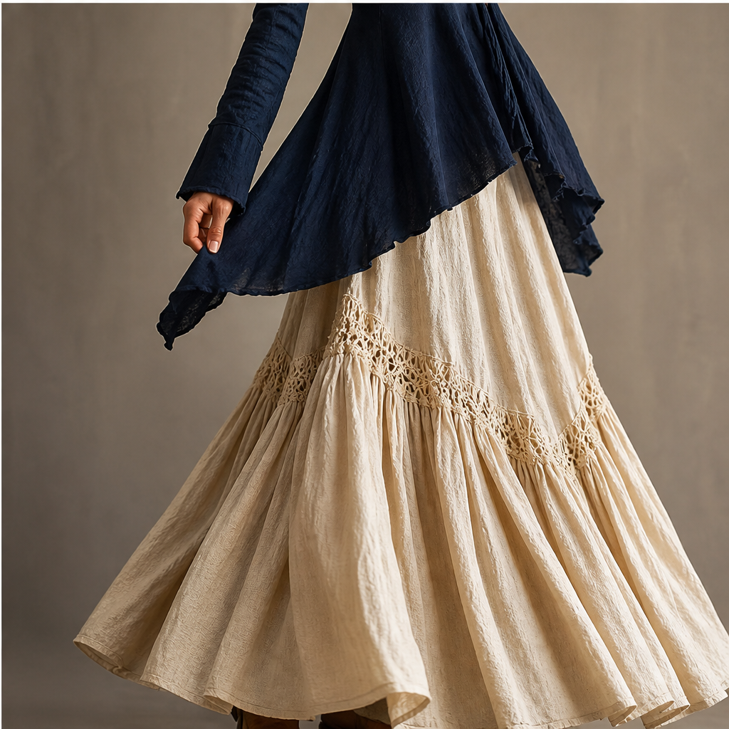 Navy Two Piece Maxi Skirt Set | Boho Asymmetric Top & Tiered Skirt - Long Sleeve Outfit features