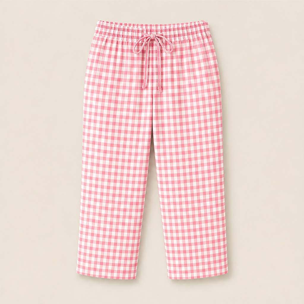 Gingley Women's Cotton-Linen Gingham Capri Pants with Pockets - Drawstring Elastic Waist Summer Trousers Pink Gingham