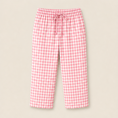 Gingley Women's Cotton-Linen Gingham Capri Pants with Pockets - Drawstring Elastic Waist Summer Trousers Pink Gingham