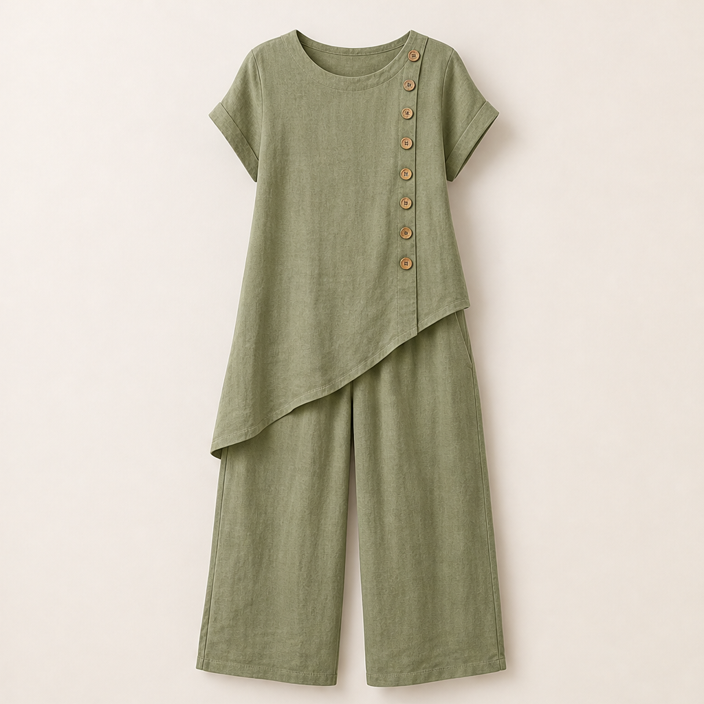 Rust Asymmetric Hem Top & Trouser Set | Women's Two-Piece Wide-Leg Outfit - Button Detail Sage