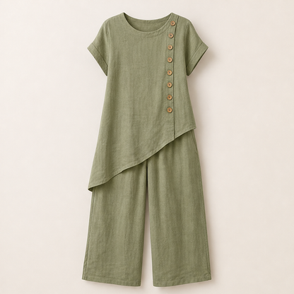 Rust Asymmetric Hem Top & Trouser Set | Women's Two-Piece Wide-Leg Outfit - Button Detail Sage