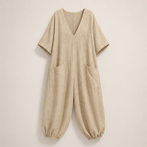Rose V-Neck Jumpsuit | Relaxed Linen-Blend Playsuit for Women - Wide Leg with Pockets Beige