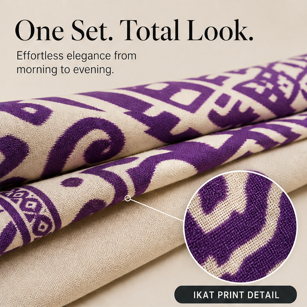 Purple Sleeveless Top & Wide Leg Trouser Set | Ikat Print Two-Piece Outfit for Women features