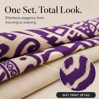 Purple Sleeveless Top & Wide Leg Trouser Set | Ikat Print Two-Piece Outfit for Women features