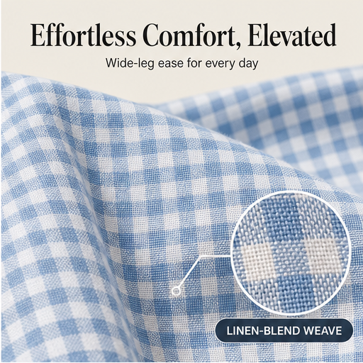 Blue Gingham Wide Leg Trousers | Women's Linen-Blend Plaid Trousers - Drawstring Waist with Pockets features