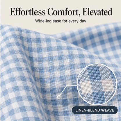 Blue Gingham Wide Leg Trousers | Women's Linen-Blend Plaid Trousers - Drawstring Waist with Pockets features