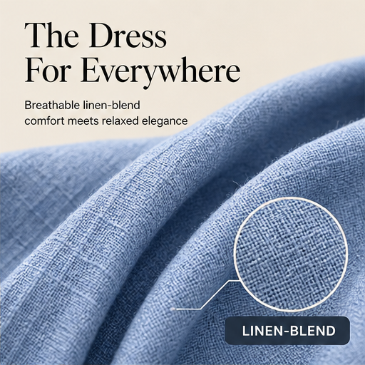Blue V-Neck A-Line Dress | Cotton-Linen Midi with Pockets - Button Placket, Roll-Sleeve features