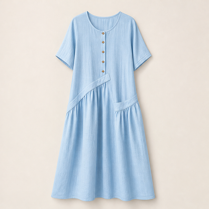 Sky Blue Cotton Linen Maxi Dress | Short Sleeve Button-Front Summer Dress with Pockets Sky Blue