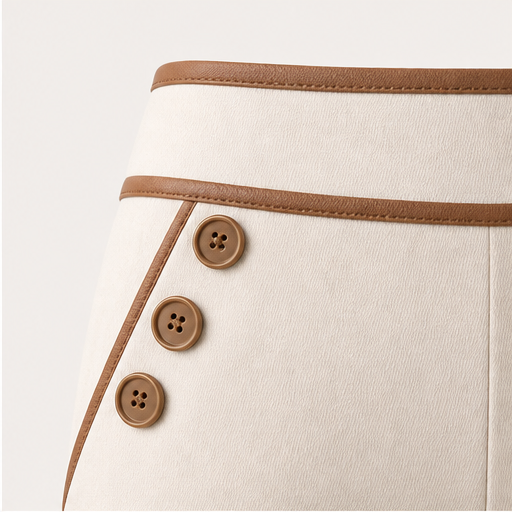 Ecru Wide-Leg Trousers | High-Waisted Tailored Trousers for Women - Contrast Trim with Button Detail detail