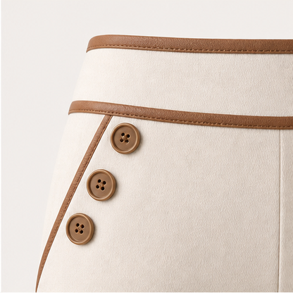 Ecru Wide-Leg Trousers | High-Waisted Tailored Trousers for Women - Contrast Trim with Button Detail detail