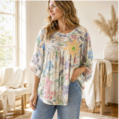 Ivory Floral Print Blouse | Pleated Applique Puff Sleeve Top - Loose Fit Cotton Blend features