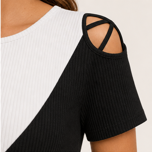 Black & White Colour-Block Midi Dress | Crew Neck Cold Shoulder - Ribbed Knit with Mesh Hem detail