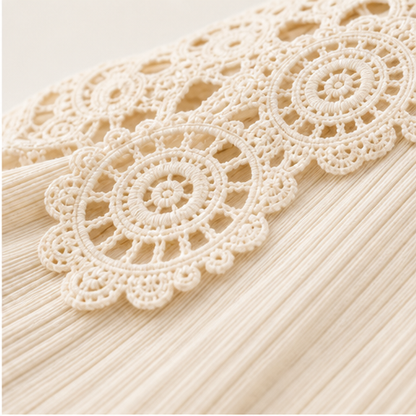 Ivory Lace Patchwork Top | Crochet V-Neck Long Sleeve Blouse - Pearl Button Detail detail