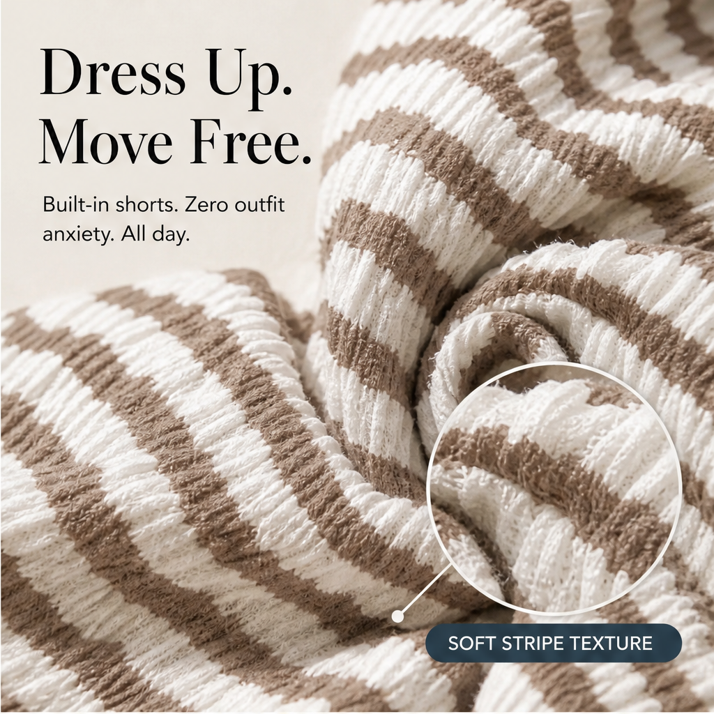 Brown Stripe Mini Romper Dress | Built-In Shorts Sundress - Textured Cami Style with Pockets features
