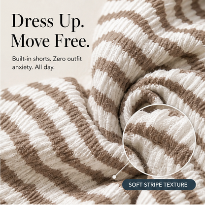Brown Stripe Mini Romper Dress | Built-In Shorts Sundress - Textured Cami Style with Pockets features