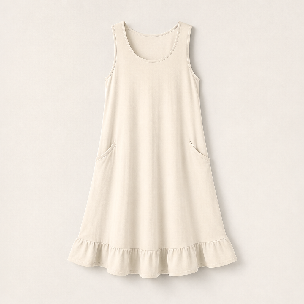 Marielle Women's Sleeveless Ruffle Hem Midi Dress with Dual Front Pockets - Casual Cotton Blend Summer Dress Ivory