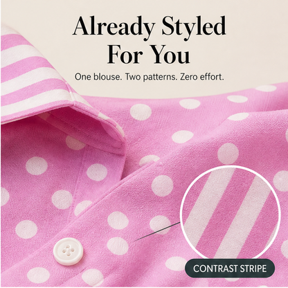 Pink Polka Dot Blouse | Contrast Stripe Popover Top for Women - 3/4 Sleeve Cotton Shirt features
