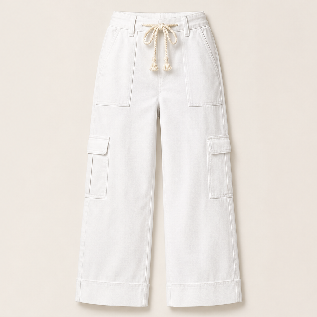 Wide Leg Cargo Trousers | Casual Denim-Style Pants for Women - Rope Tie Waist with Cargo Pockets White