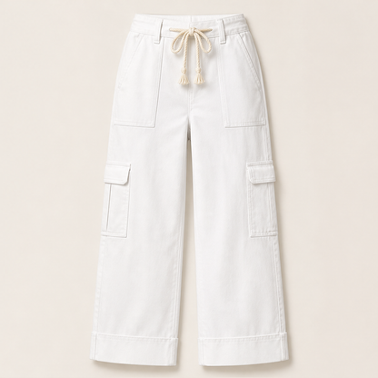 Wide Leg Cargo Trousers | Casual Denim-Style Pants for Women - Rope Tie Waist with Cargo Pockets White