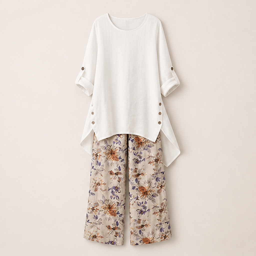 Black Two-Piece Trouser Set | Cotton Linen Asymmetric Hem Top with Floral Wide-Leg Pants White