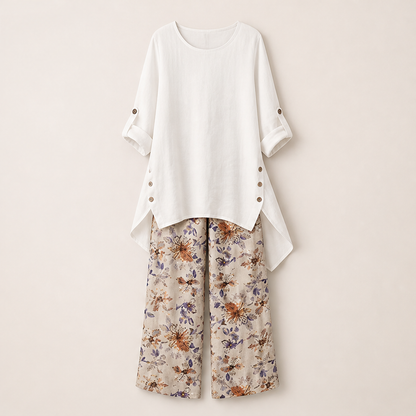 Black Two-Piece Trouser Set | Cotton Linen Asymmetric Hem Top with Floral Wide-Leg Pants White