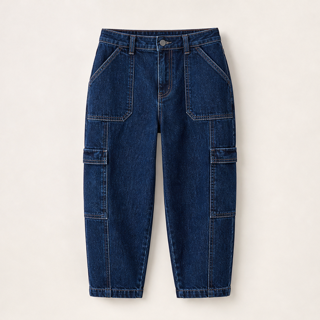 Light Blue Denim Cropped Jeans | Stretchy Cargo Capri Trousers for Women - Cropped Length Dark Blue Denim