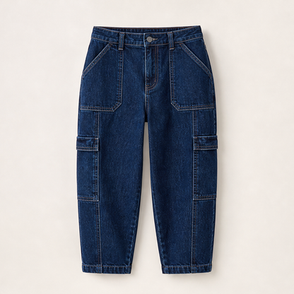 Light Blue Denim Cropped Jeans | Stretchy Cargo Capri Trousers for Women - Cropped Length Dark Blue Denim
