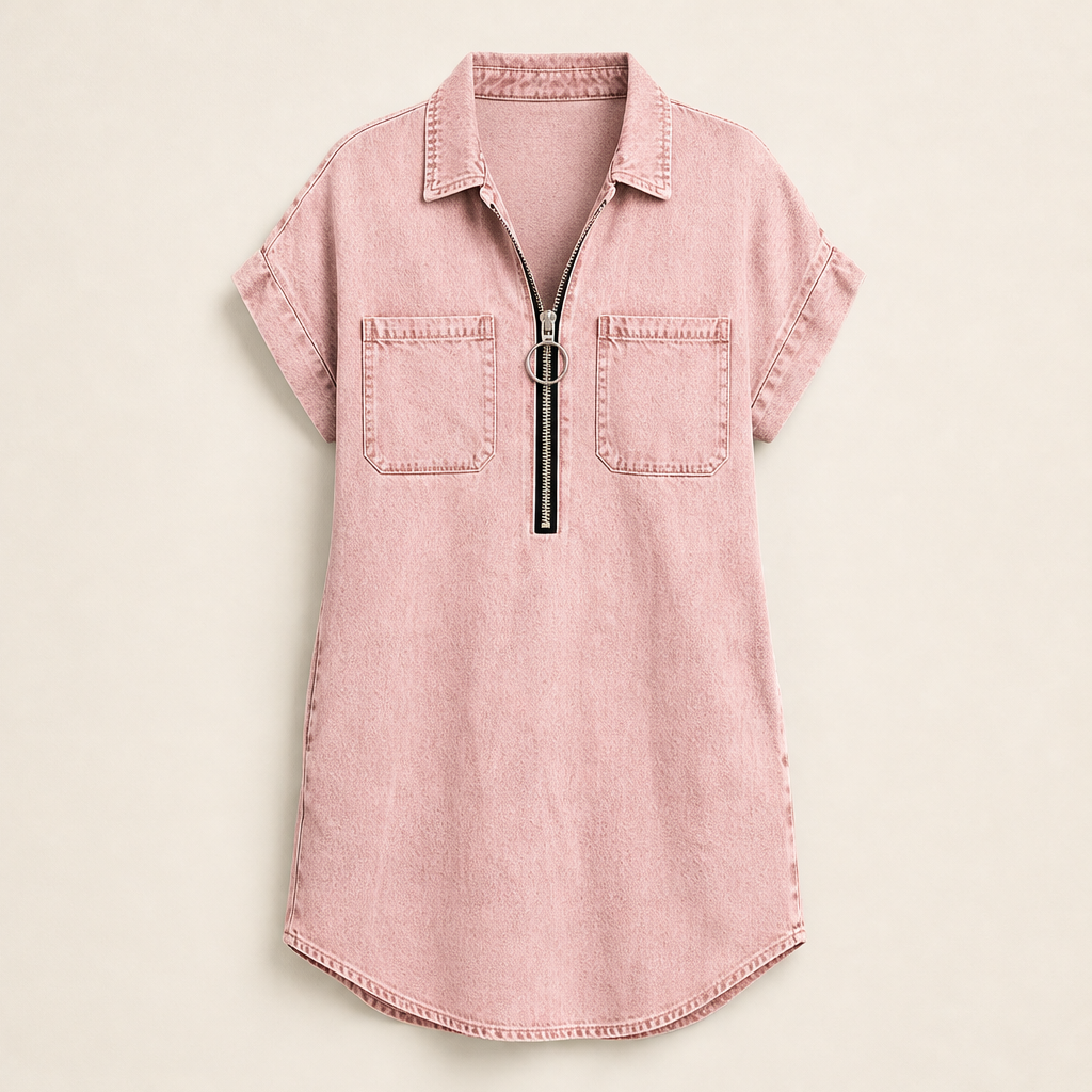 Denim Blue Zip Front Shirt Dress | Adjustable Half-Zip Collared Dress - Short Sleeve with Pockets Blush Pink