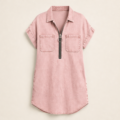Denim Blue Zip Front Shirt Dress | Adjustable Half-Zip Collared Dress - Short Sleeve with Pockets Blush Pink
