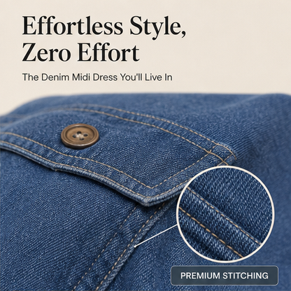 Denim Blue Shirt Dress | Casual Midi Dress for Women - Relaxed Fit with Pockets features