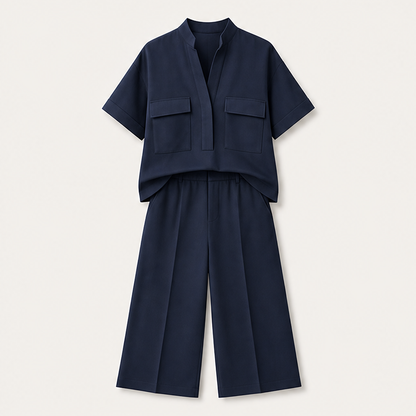 Aveline Women's Tailored Two-Piece Co-ord Set - Wide-Leg Trousers & Short-Sleeve Top Loose Fit Solid Colour Suit Navy
