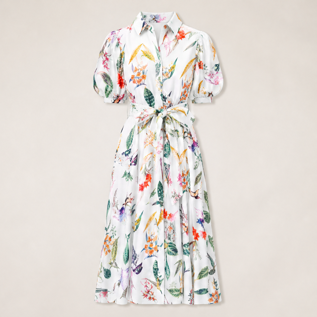 Pink Floral Belted Midi Shirt Dress | Puff Sleeve Botanical Print - Collared Tea Dress with Tie Waist White Floral