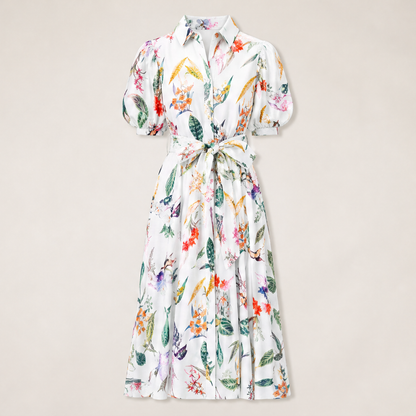 Pink Floral Belted Midi Shirt Dress | Puff Sleeve Botanical Print - Collared Tea Dress with Tie Waist White Floral