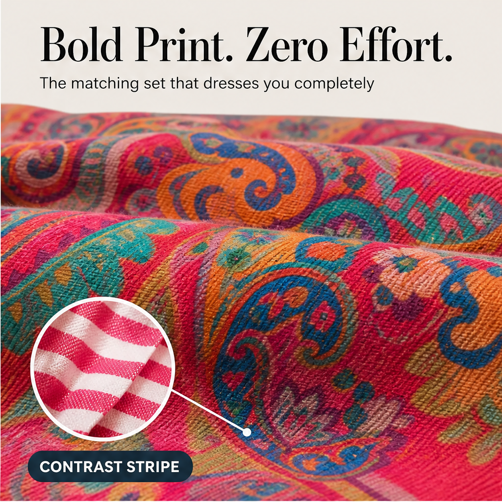 Pink Paisley Two-Piece Set | Contrast-Stripe Wide-Leg Trouser & Top - Women's Matching Set features