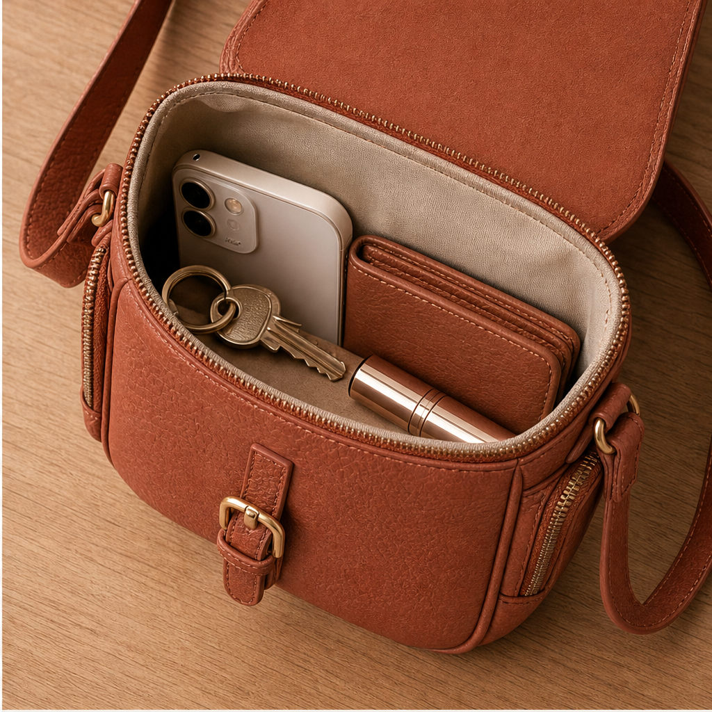 Terracotta Crossbody Leather Bag | Women's Shoulder Bag with Adjustable Strap - Multi-Pocket Design detail