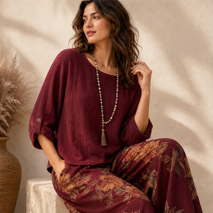 Marisol Women's Boho Two-Piece Cotton Linen Top & Wide-Leg Trouser Set - Floral Print Roll-Sleeve Blouse & Palazzo Trousers features
