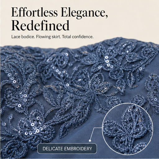 Slate Blue Embroidered Midi Dress | Scoop Neck Occasion Dress - Lace Bodice with Flowy Chiffon Skirt features