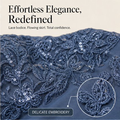 Slate Blue Embroidered Midi Dress | Scoop Neck Occasion Dress - Lace Bodice with Flowy Chiffon Skirt features