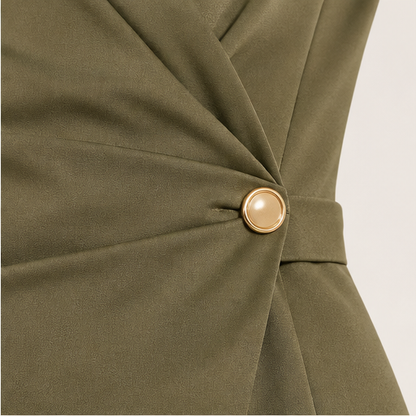 White Wrap Top Two-Piece Set | V-Neck Wide Leg Trouser Set for Women - Button Detail detail