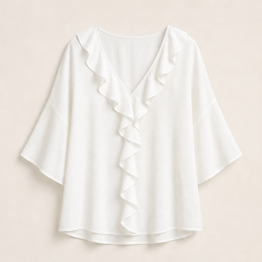 White Ruffle V-Neck Blouse | Elegant Linen-Look Top for Women - Flared Sleeve Tunic White