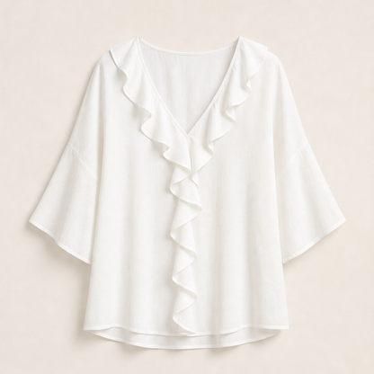 White Ruffle V-Neck Blouse | Elegant Linen-Look Top for Women - Flared Sleeve Tunic White