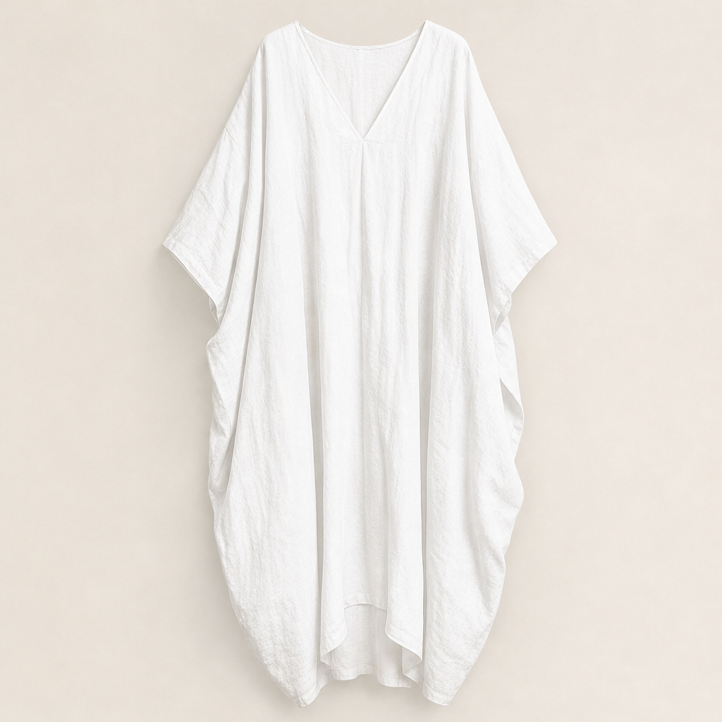 Marlowe Women's Loose-Fitting Linen Cocoon-Style Batwing Sleeve Maxi Kaftan Dress White